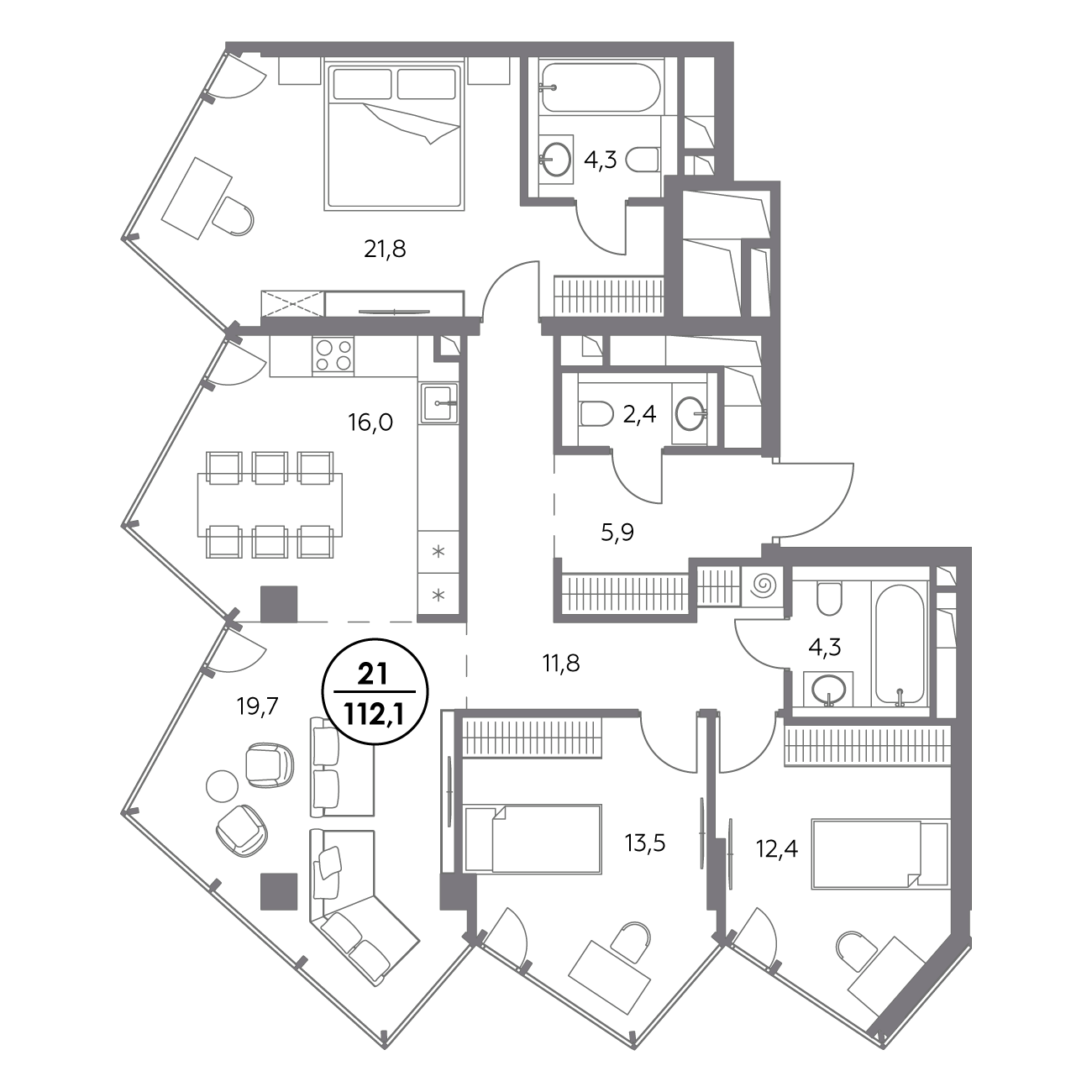 3 комн. квартира, 112.1 м², 6 этаж 