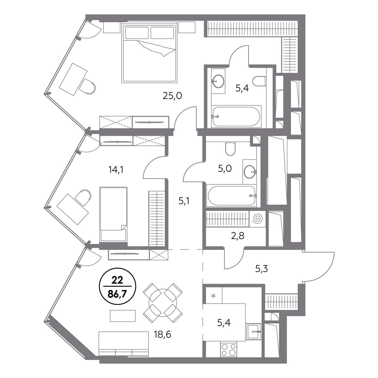 2 комн. квартира, 86.7 м², 6 этаж 