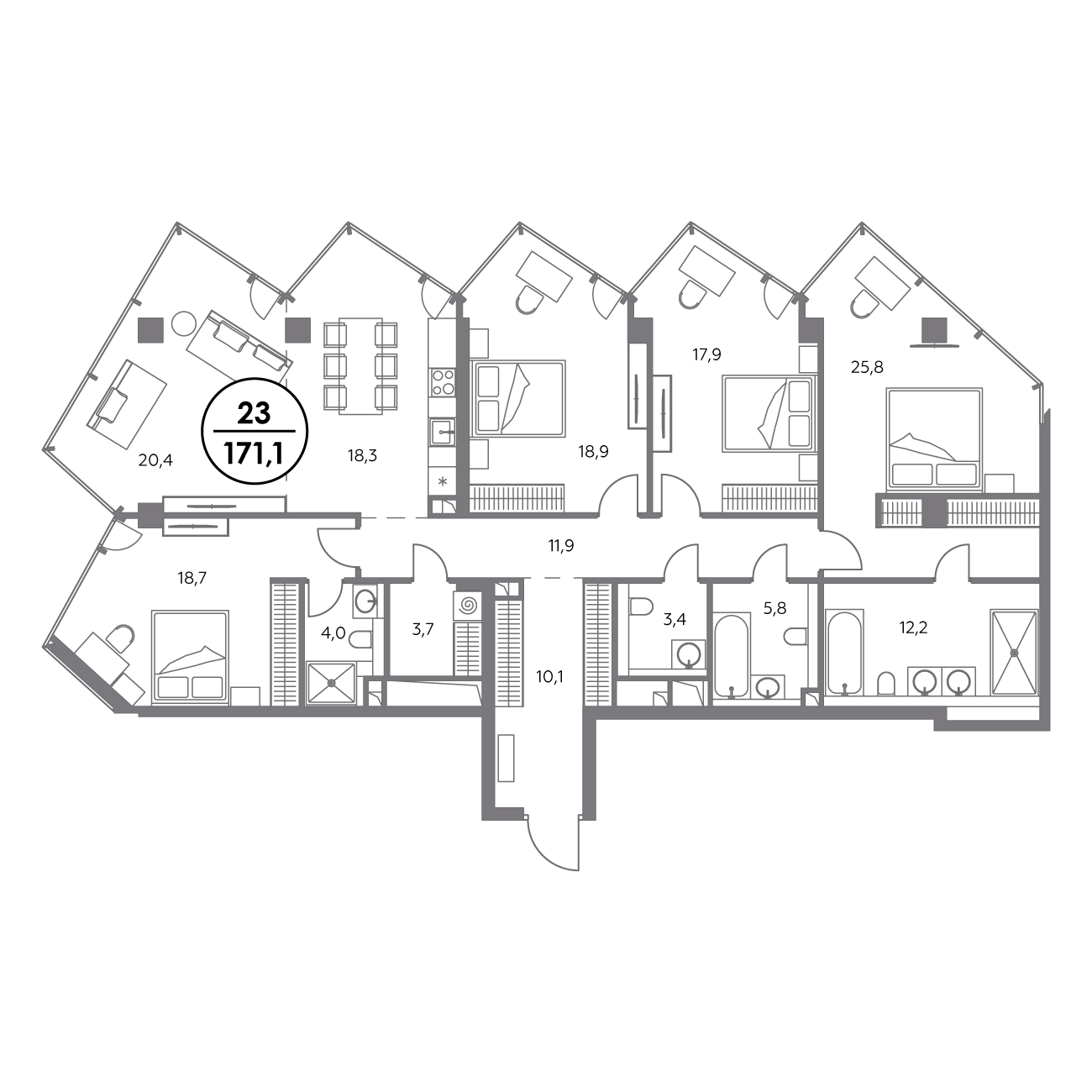 4 комн. квартира, 171.1 м², 6 этаж 