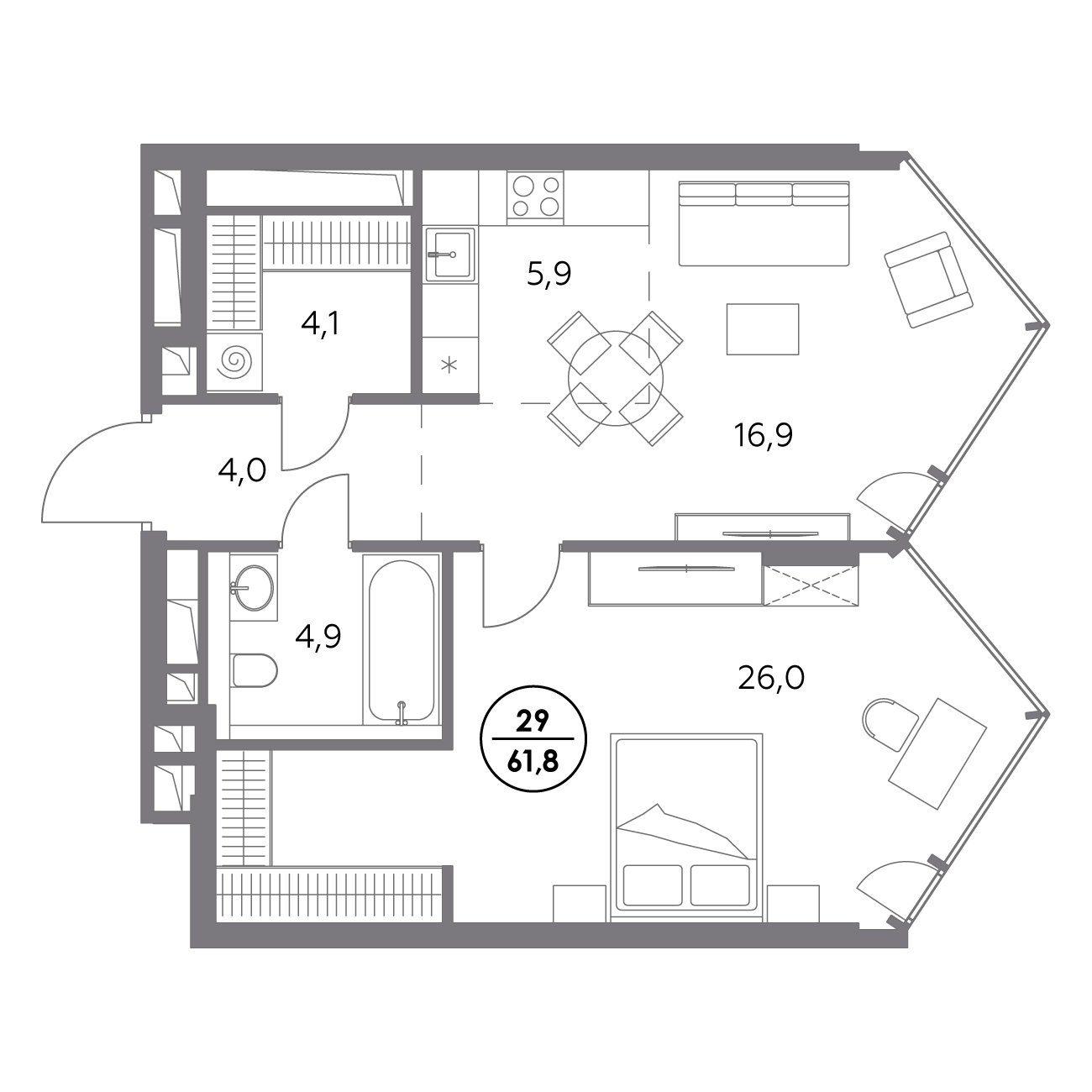 1 комн. квартира, 61.8 м², 8 этаж 