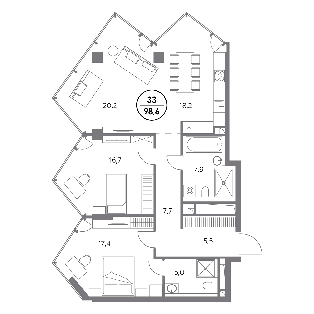 2 комн. квартира, 98.6 м², 8 этаж 