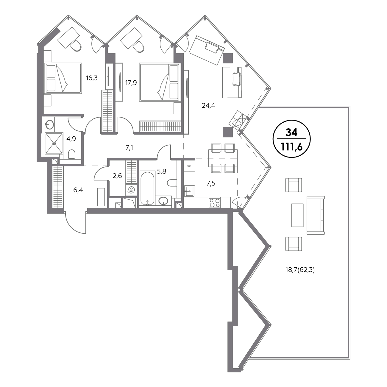 2 комн. квартира, 111.6 м², 8 этаж 