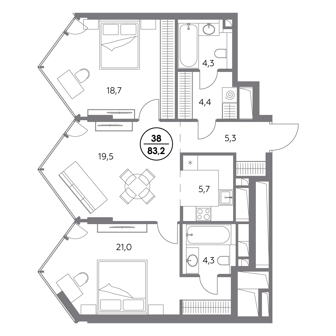 2 комн. квартира, 83.2 м², 9 этаж 