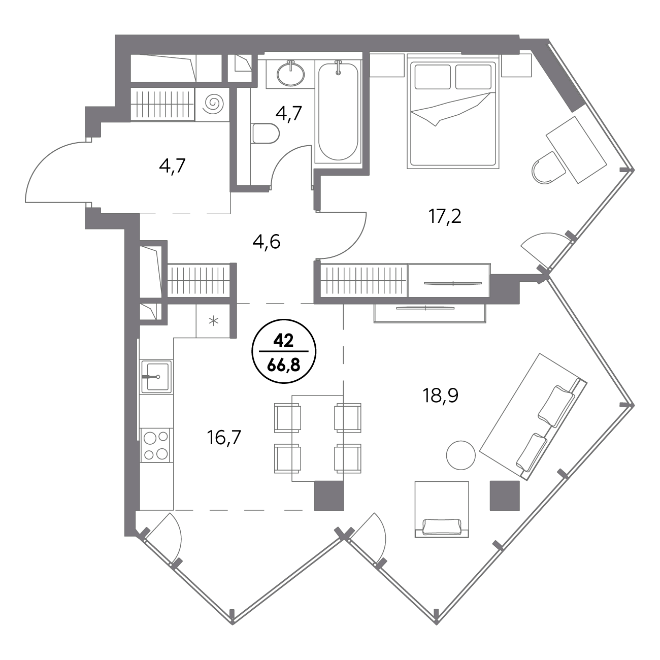 квартира со свободной планировкой, 66.8 м², 10 этаж 