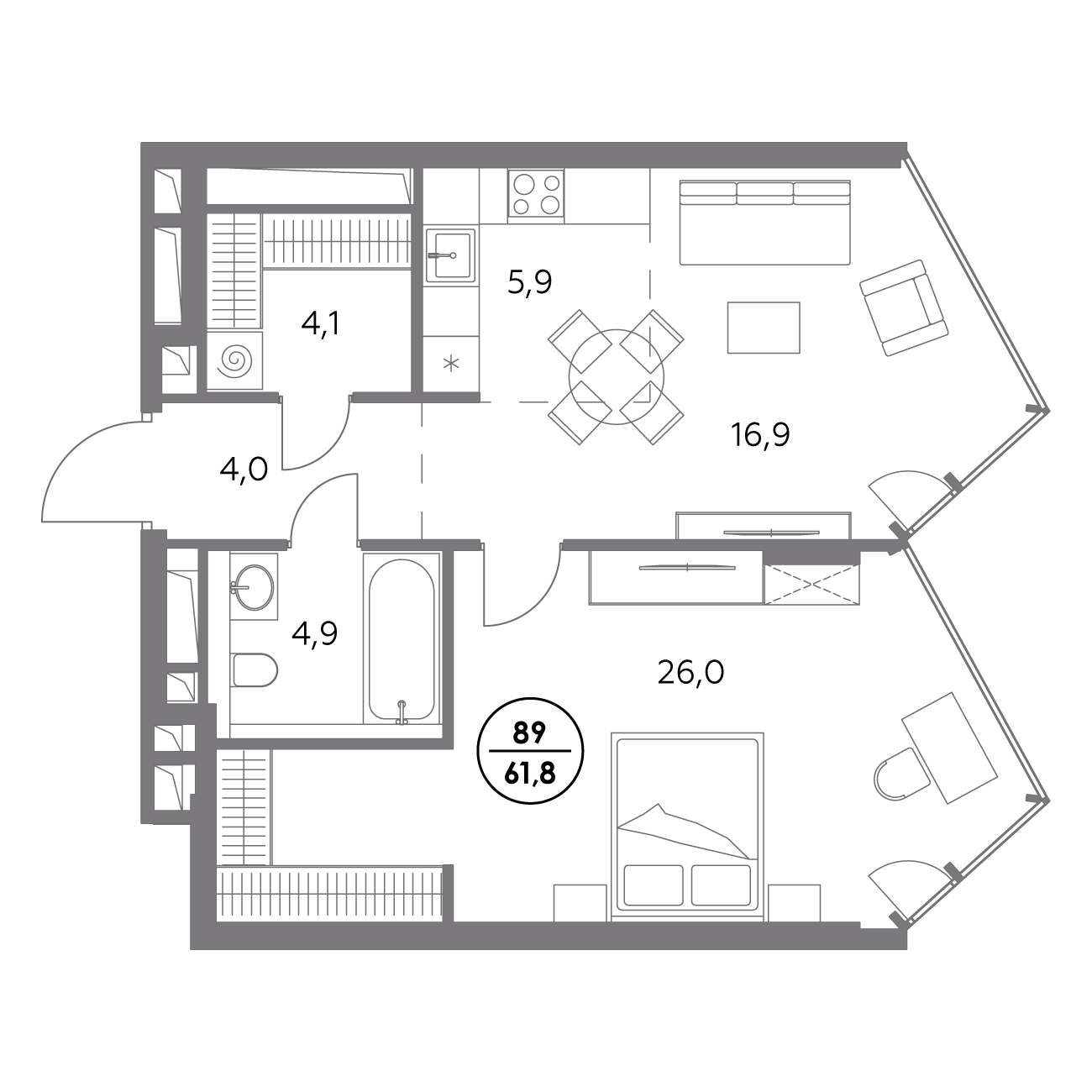 1 комн. квартира, 61.8 м², 18 этаж 