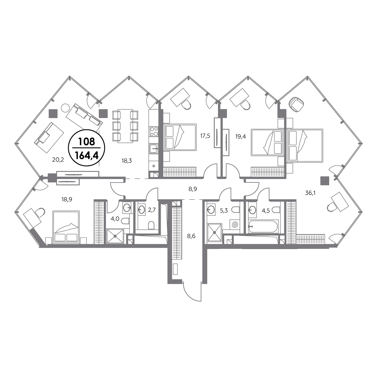 4 комн. квартира, 164.4 м², 21 этаж 