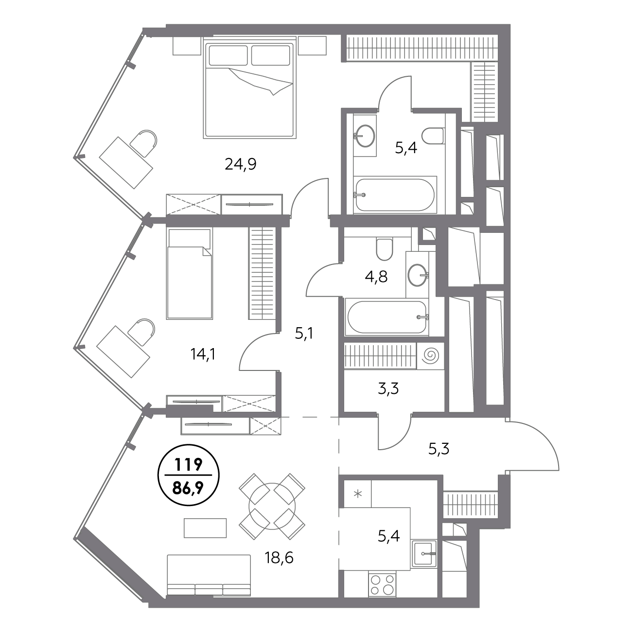 2 комн. квартира, 86.9 м², 24 этаж 