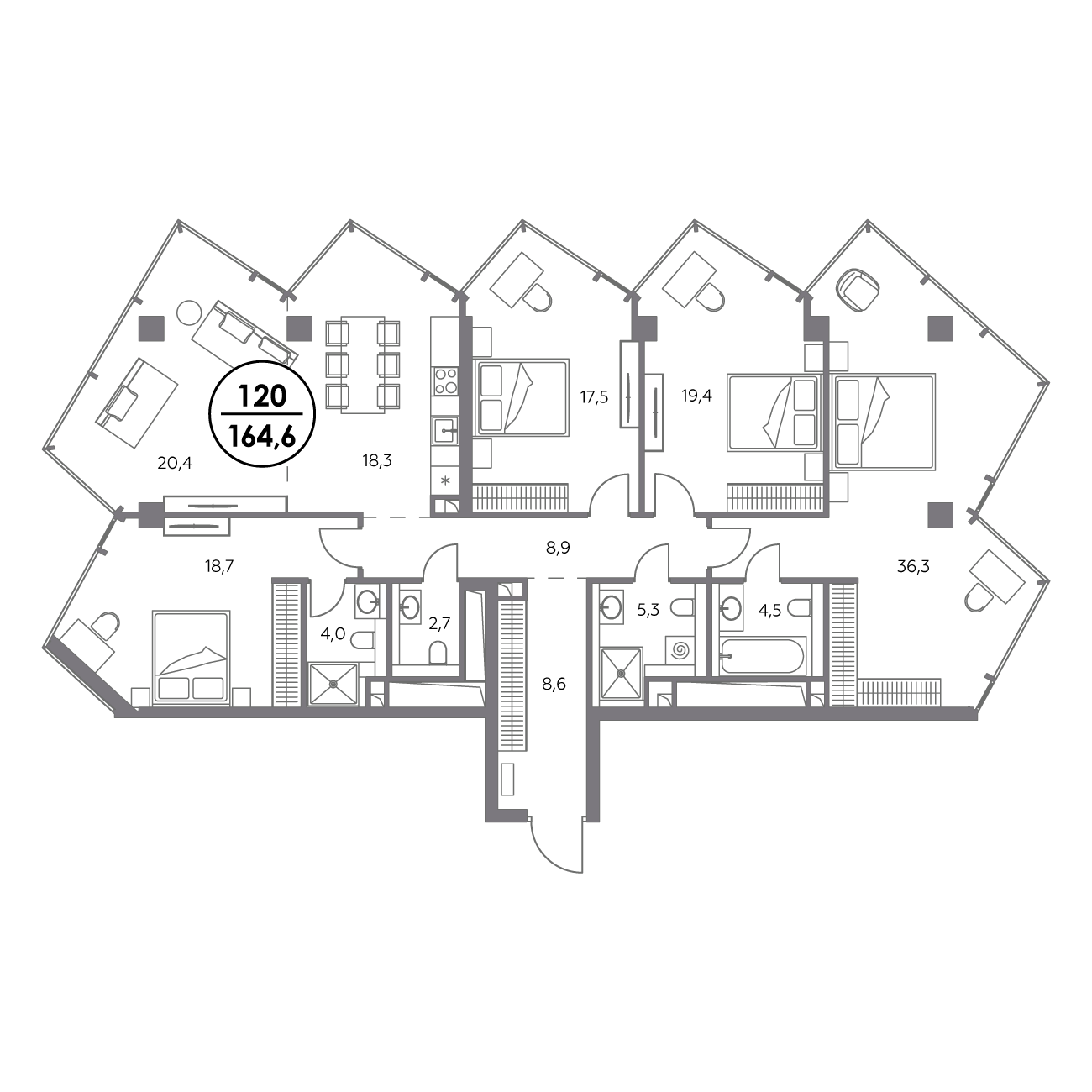 4 комн. квартира, 164.6 м², 24 этаж 