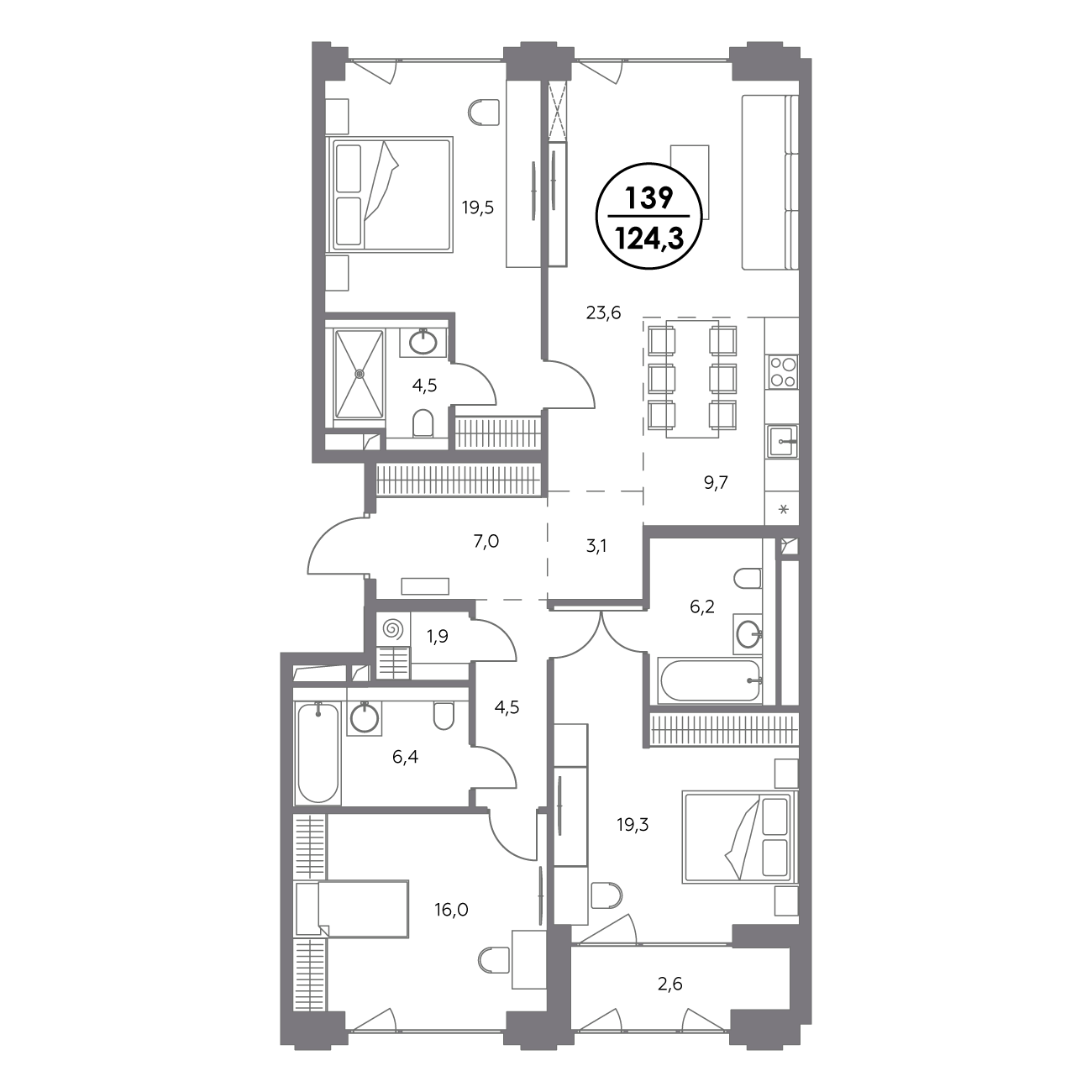 3 комн. квартира, 124.3 м², 3 этаж 