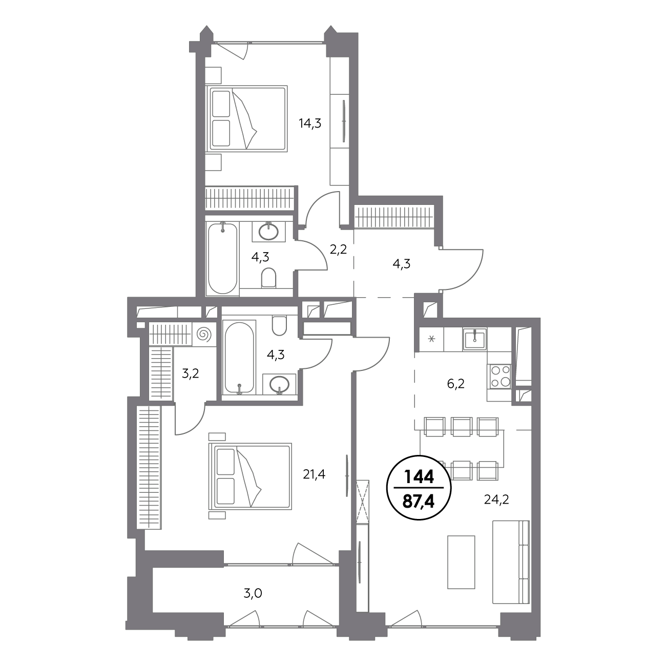 2 комн. квартира, 87.4 м², 5 этаж 