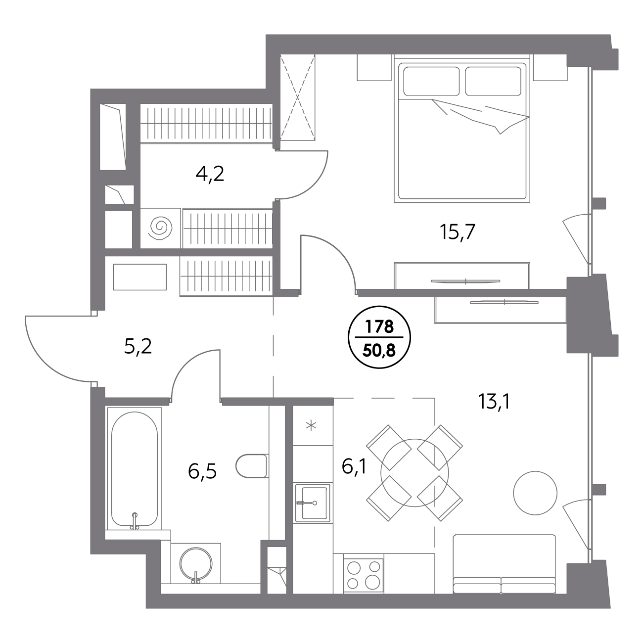 1 комн. квартира, 50.8 м², 2 этаж 