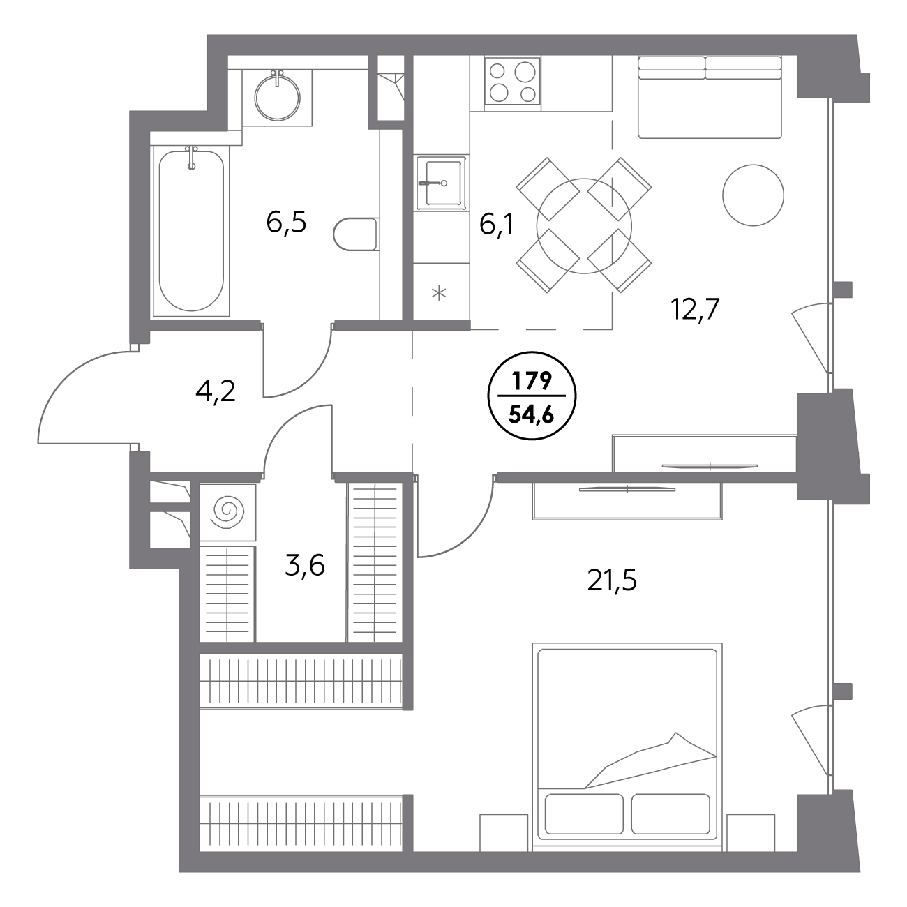 1 комн. квартира, 54.6 м², 2 этаж 