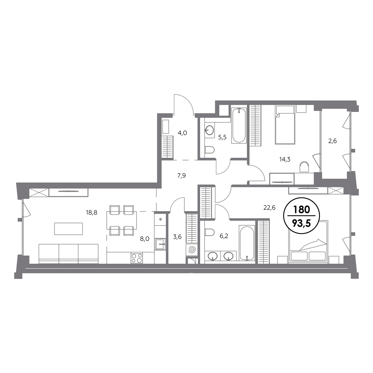 2 комн. квартира, 93.5 м², 2 этаж 