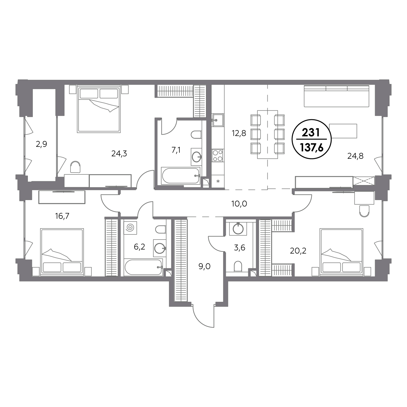 3 комн. квартира, 137.6 м², 3 этаж 