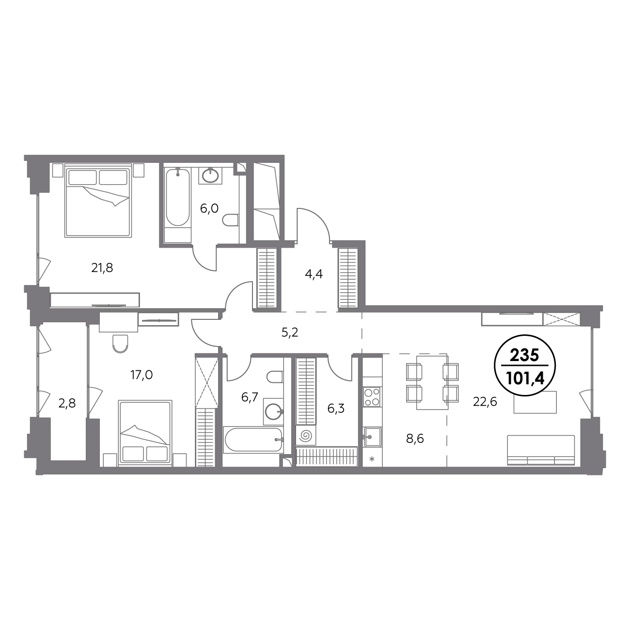 2 комн. квартира, 101.4 м², 3 этаж 