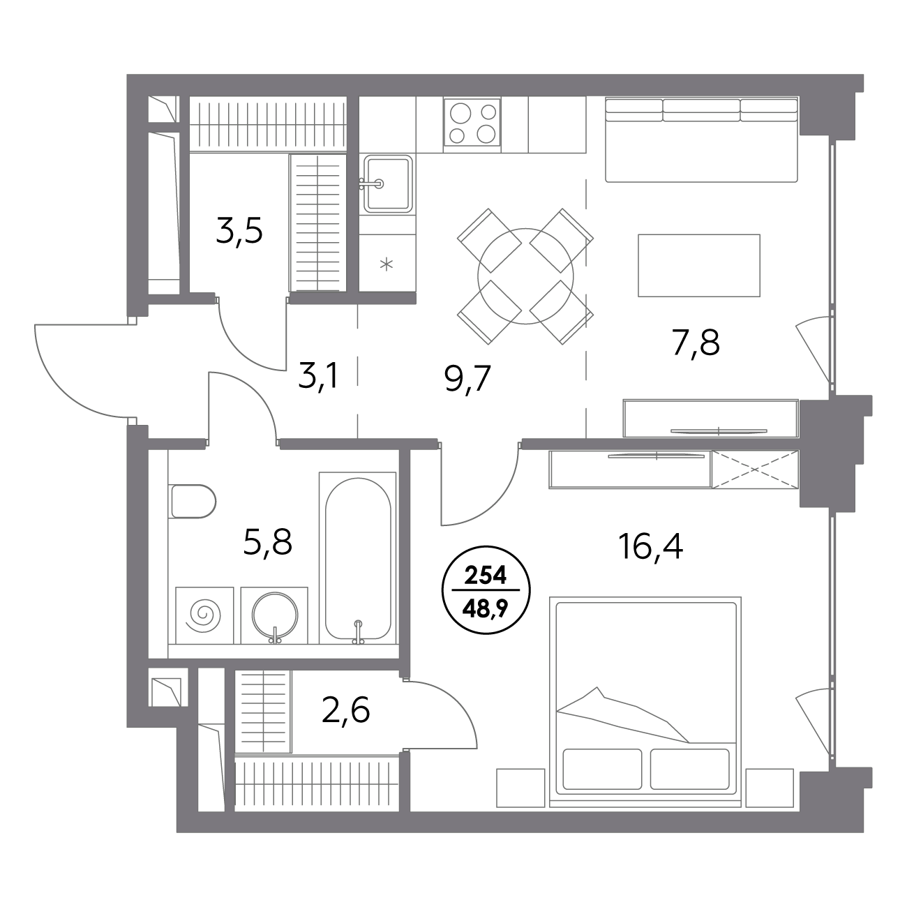 1 комн. квартира, 48.9 м², 6 этаж 