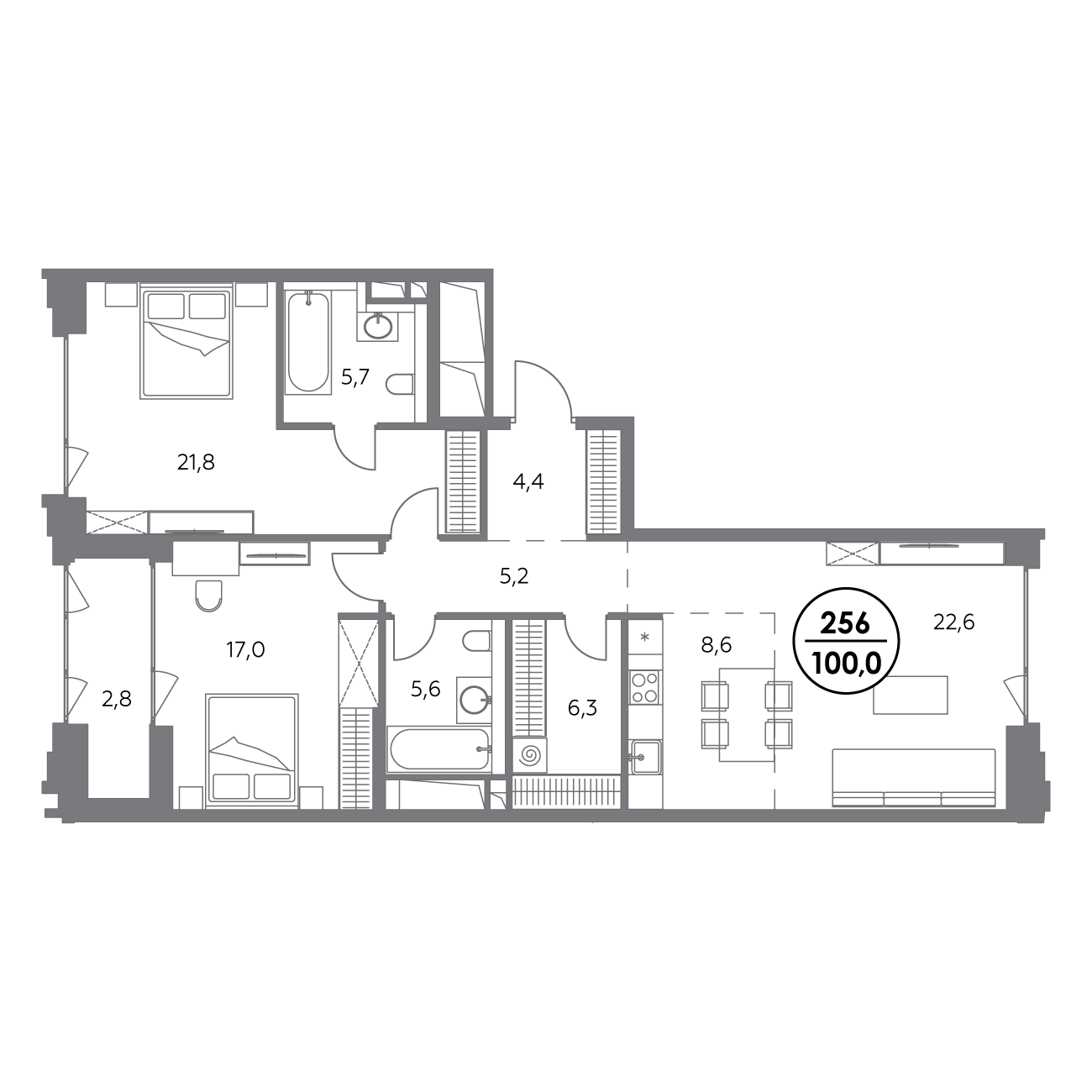 2 комн. квартира, 100 м², 6 этаж 