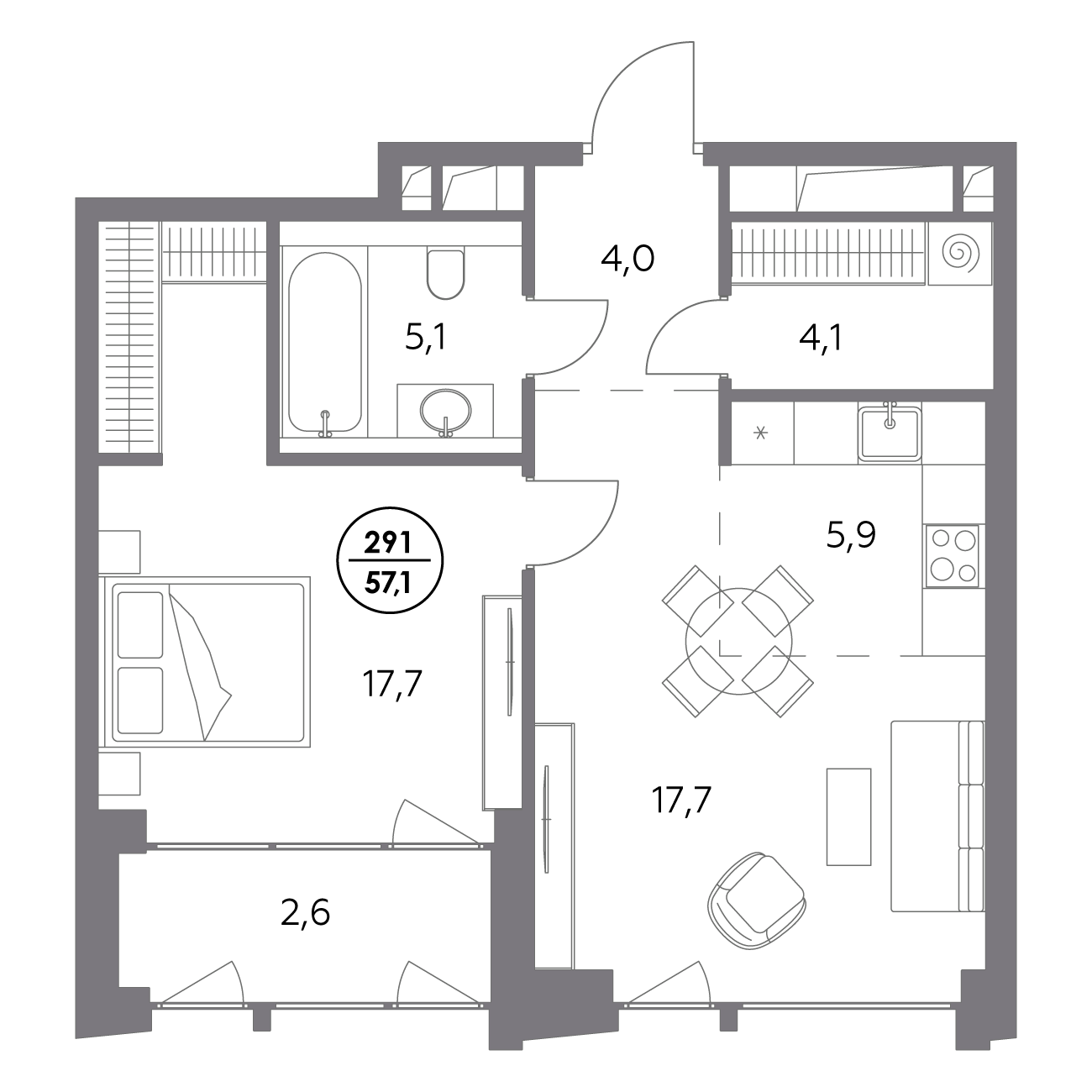 1 комн. квартира, 57.1 м², 5 этаж 