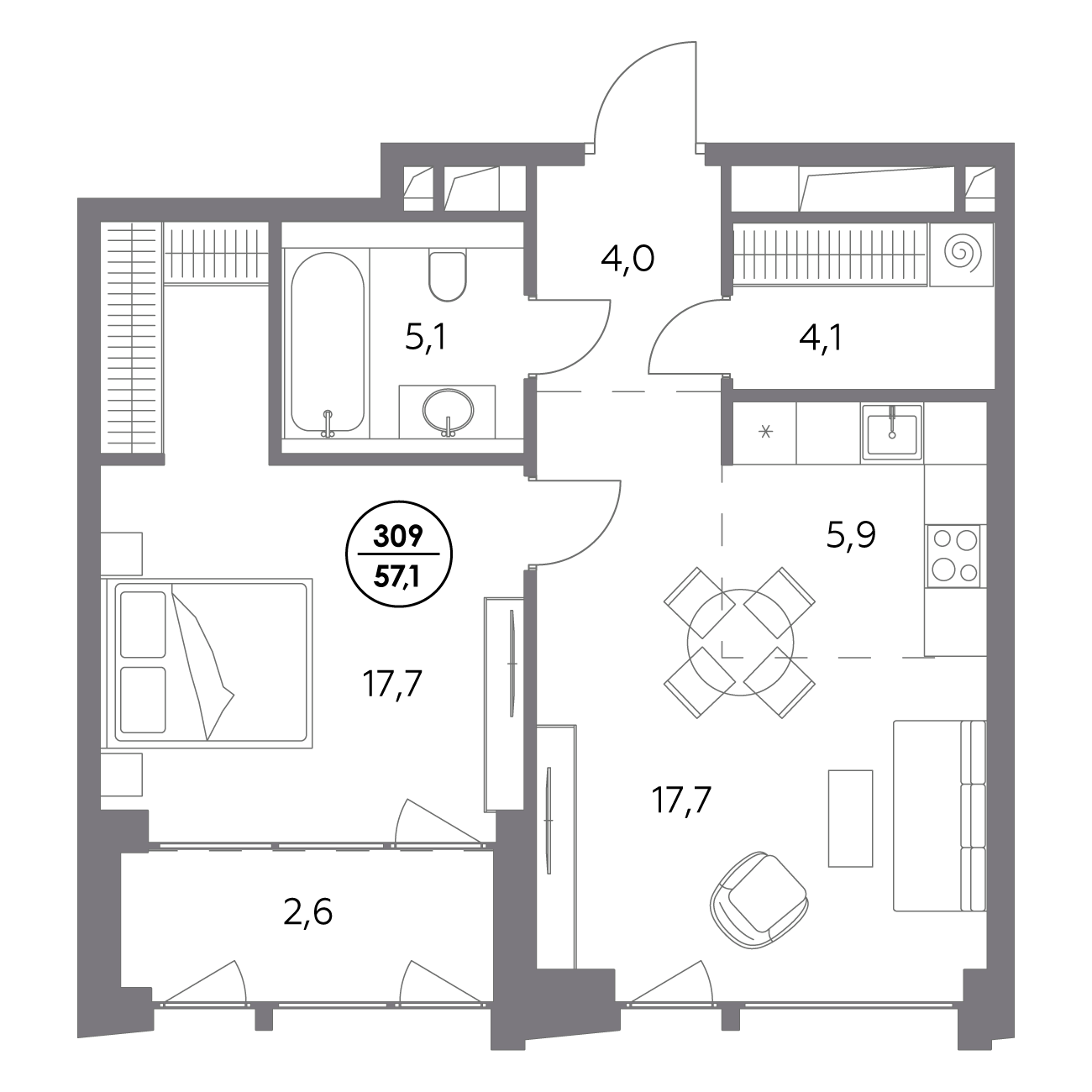 1 комн. квартира, 57.1 м², 8 этаж 