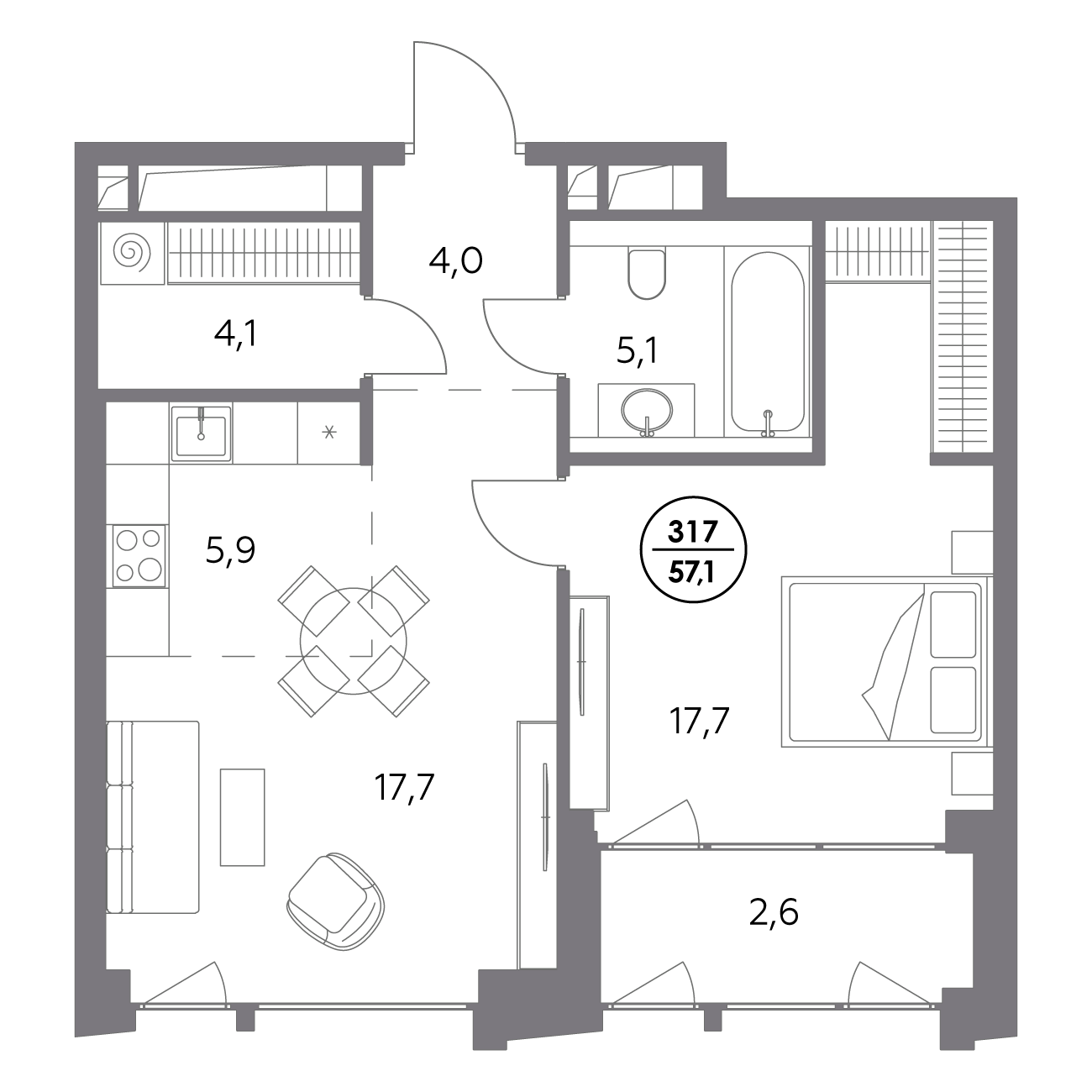 1 комн. квартира, 57.1 м², 9 этаж 