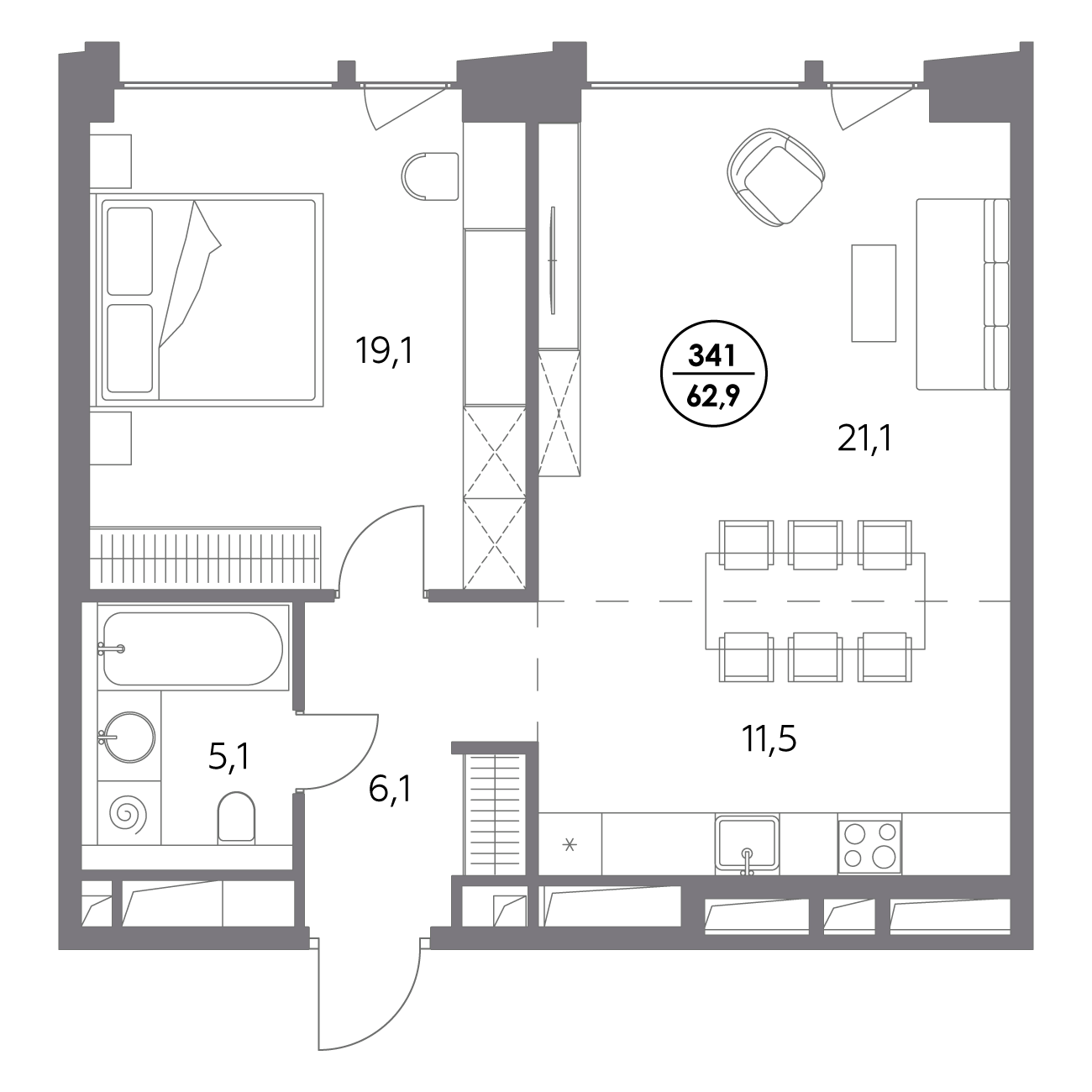 1 комн. квартира, 62.9 м², 12 этаж 