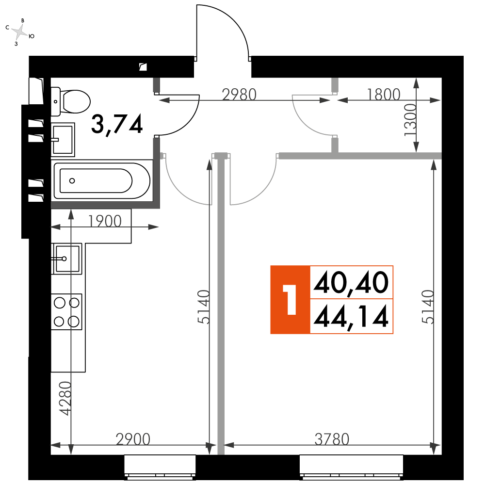 1 комн. квартира, 44.1 м², 3 этаж 