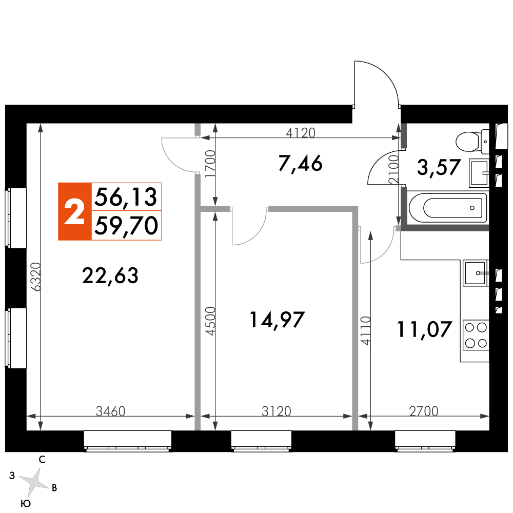 2 комн. квартира, 58 м², 3 этаж 