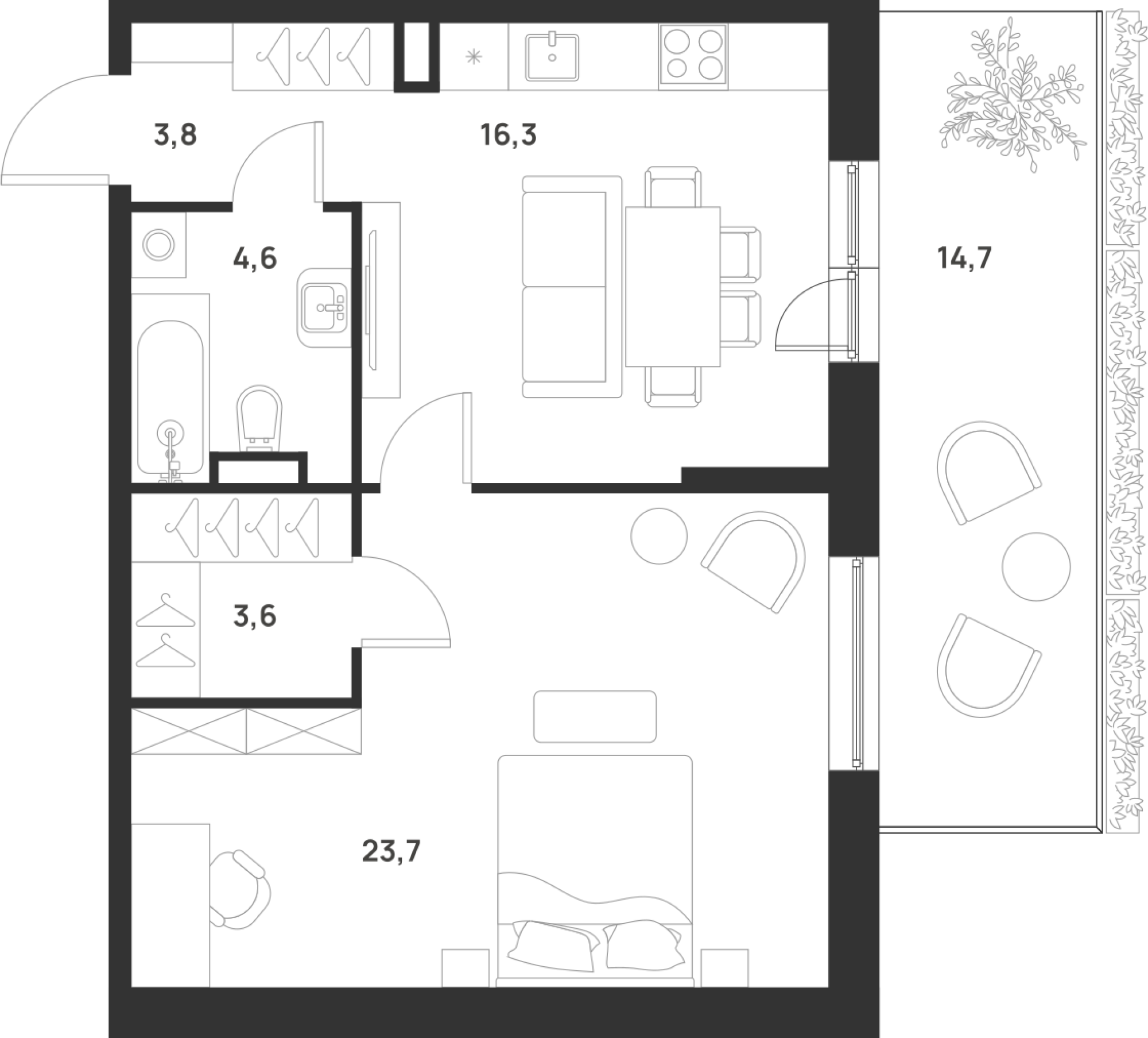 1 комн. квартира, 56.4 м², 1 этаж 