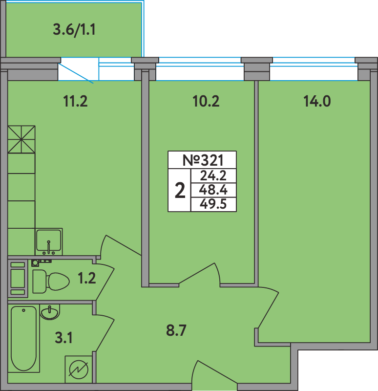 2 комн. квартира, 49.5 м², 12 этаж 