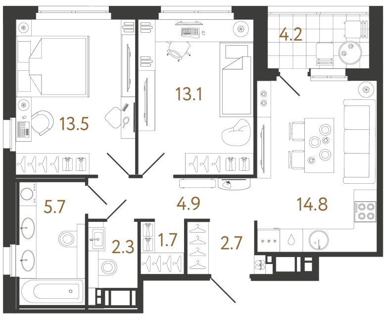 2 комн. квартира, 58.7 м², 12 этаж 