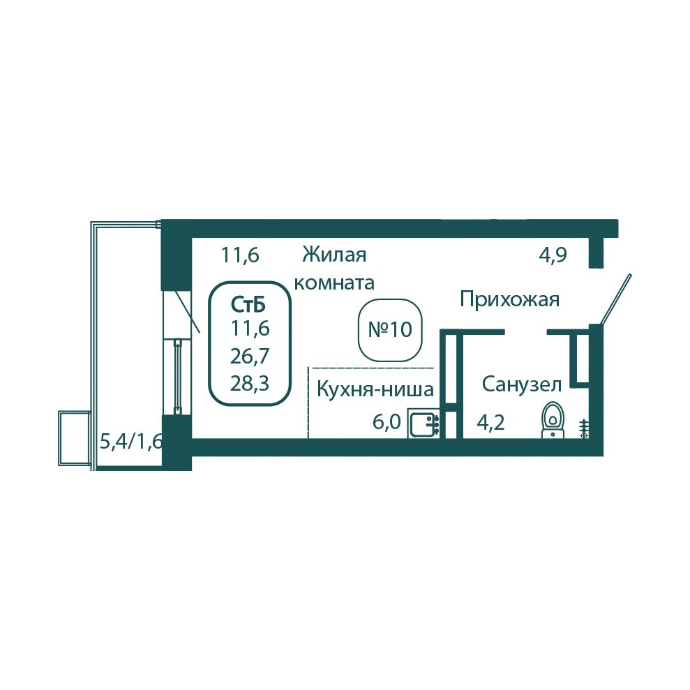 1 комн. квартира, 28.3 м², 2 этаж 