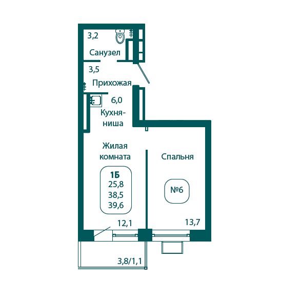 1 комн. квартира, 39.6 м², 15 этаж 