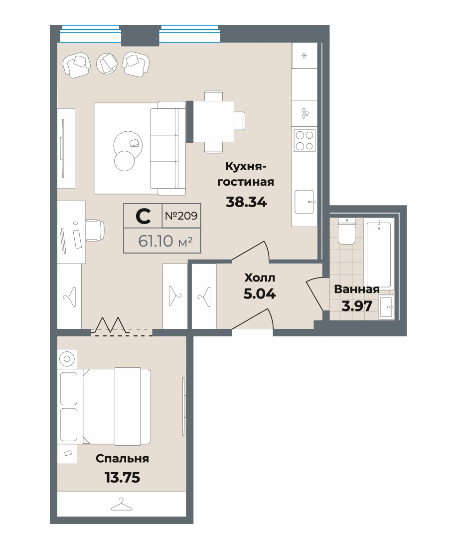 студия, 20.1 м², 2 этаж 