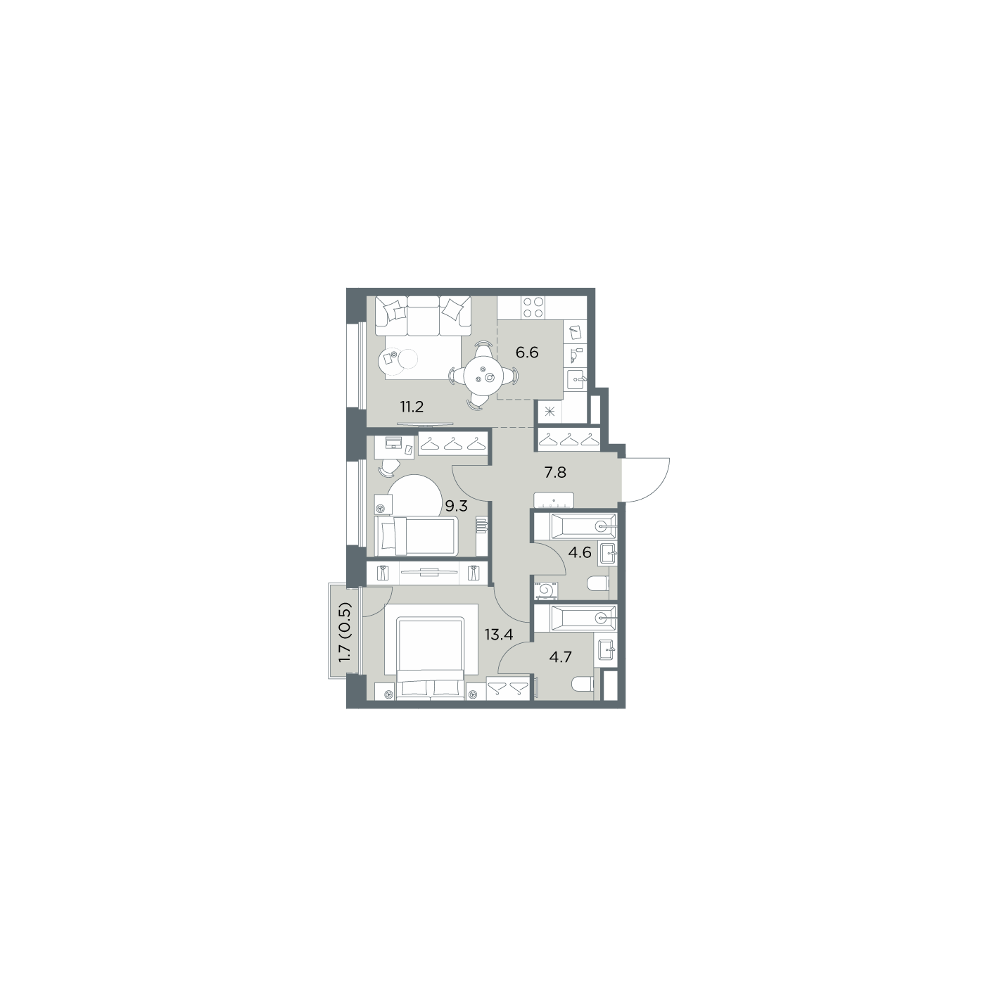 3 комн. квартира, 58.1 м², 4 этаж  (из 6)