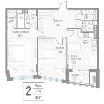 2 комн. квартира, 79 м², 4 этаж 