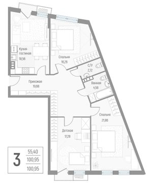 3 комн. квартира, 101.3 м², 3 этаж 