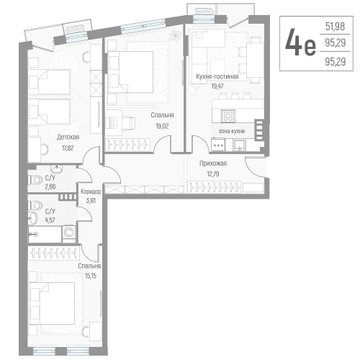 4 комн. квартира, 95.4 м², 2 этаж 