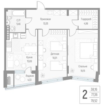2 комн. квартира, 79.5 м², 4 этаж 