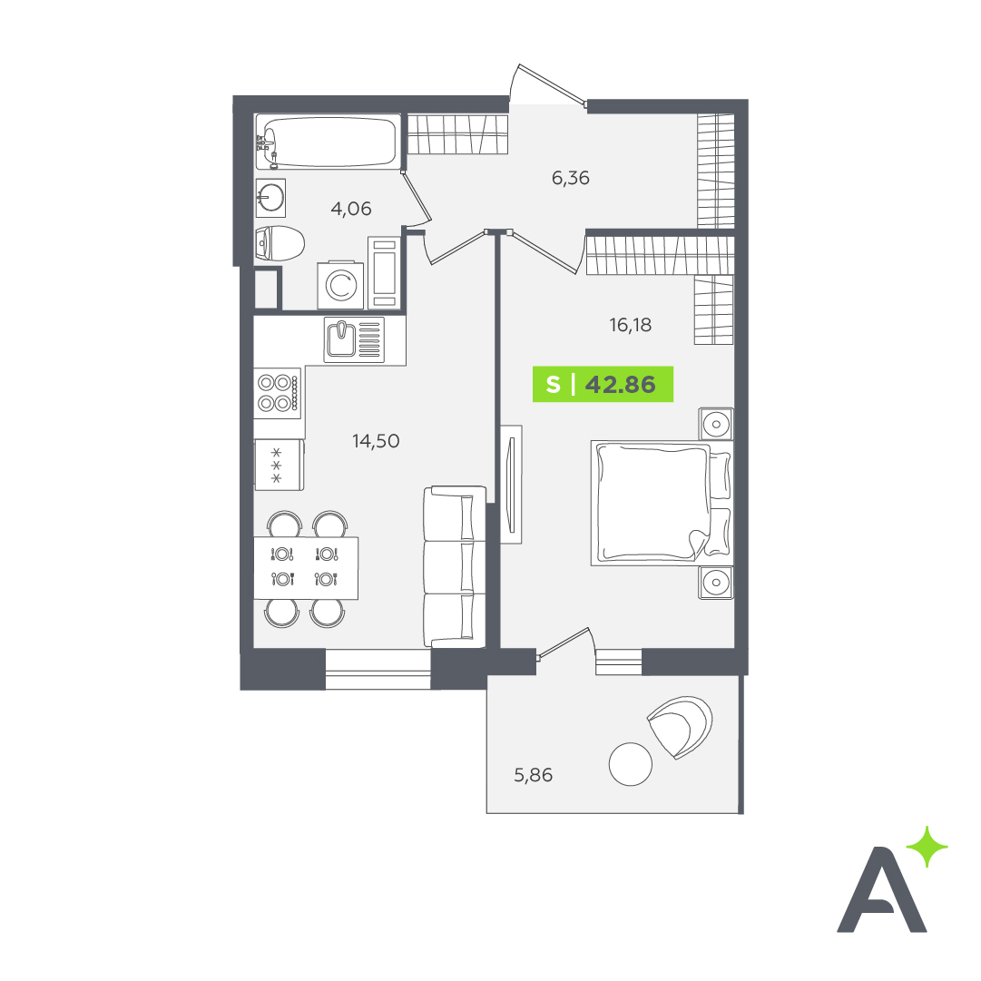 1 комн. квартира, 42.9 м², 4 этаж 