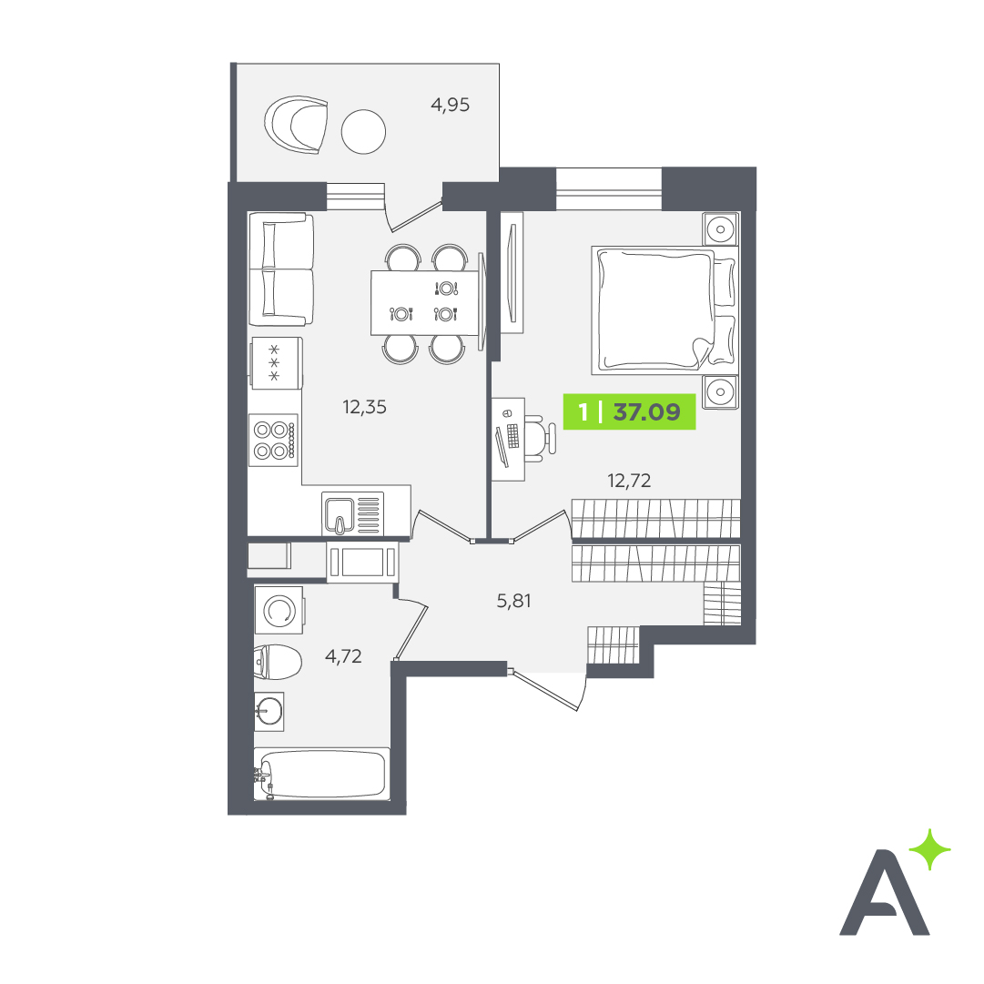 1 комн. квартира, 37.1 м², 3 этаж 