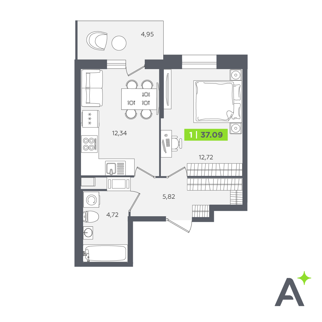 1 комн. квартира, 37.1 м², 2 этаж 