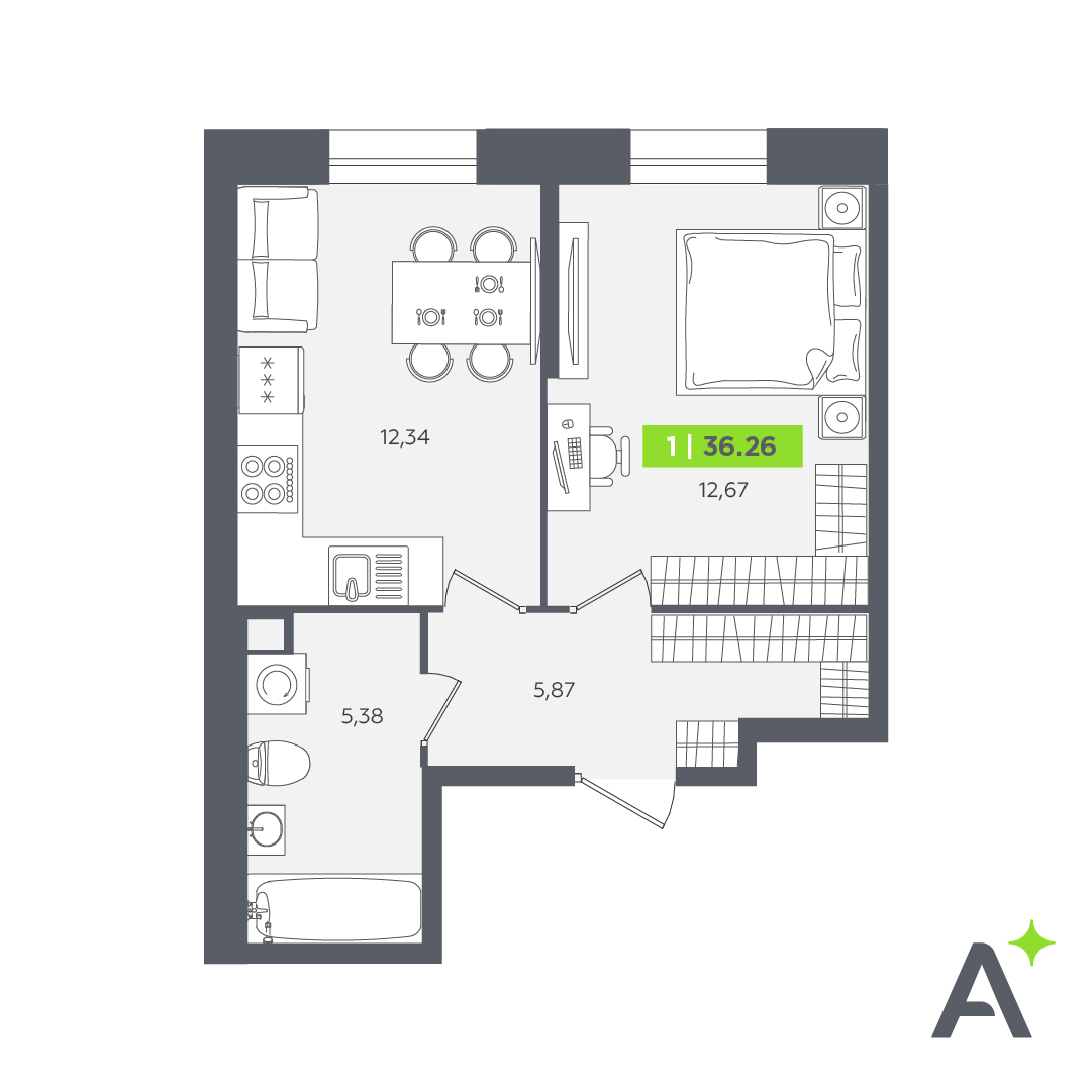 1 комн. квартира, 36.3 м², 1 этаж 
