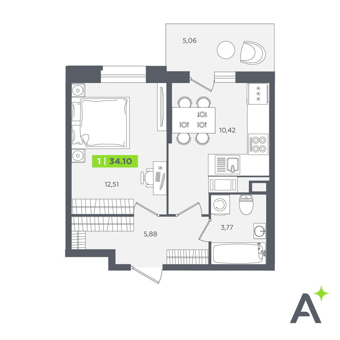 1 комн. квартира, 34.1 м², 12 этаж 