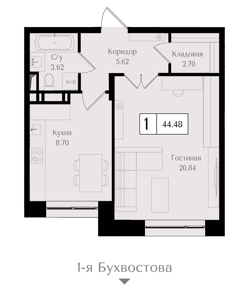 1 комн. квартира, 44.5 м², 6 этаж 