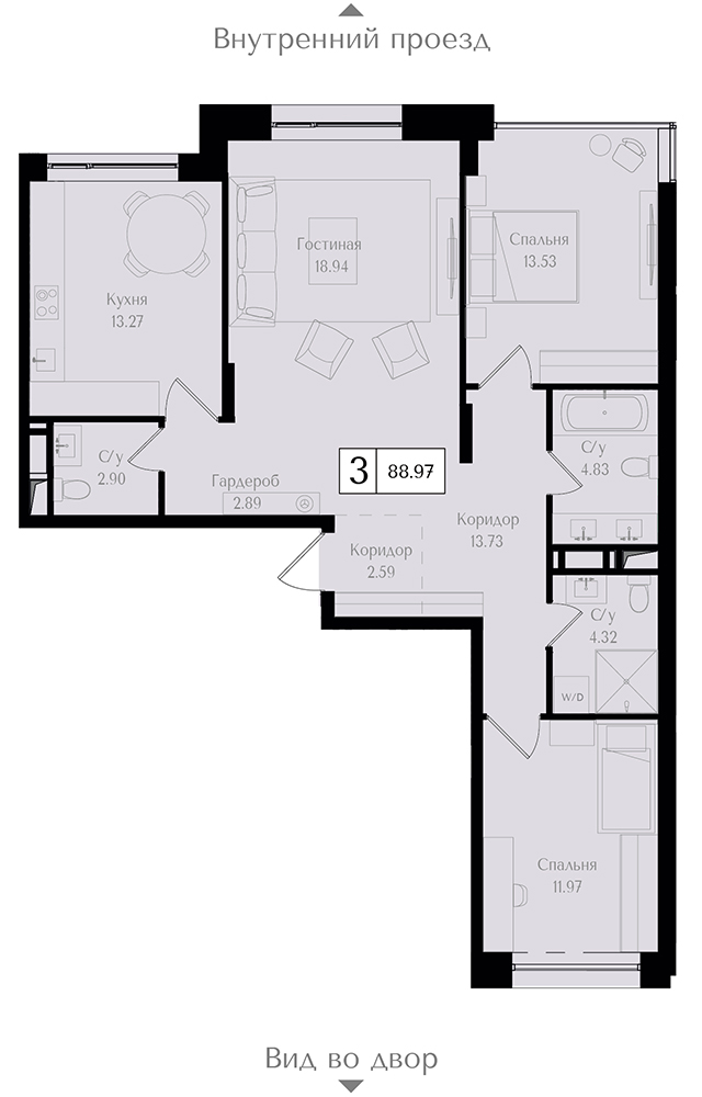 3 комн. квартира, 89 м², 17 этаж 
