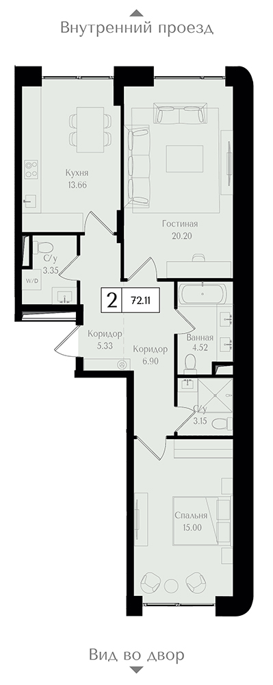2 комн. квартира, 72.1 м², 2 этаж 