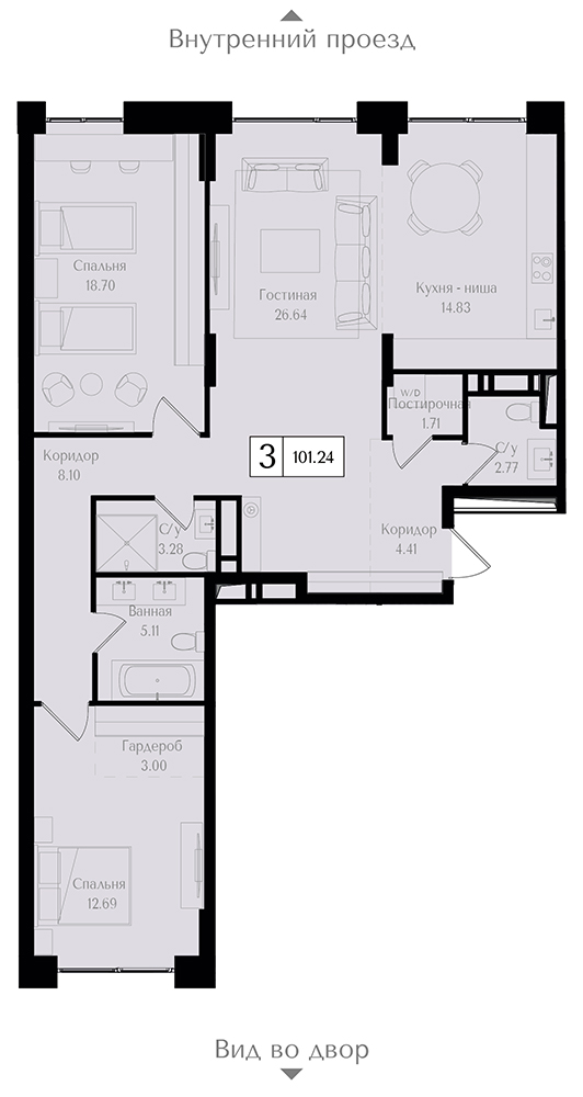 3 комн. квартира, 101.2 м², 6 этаж 