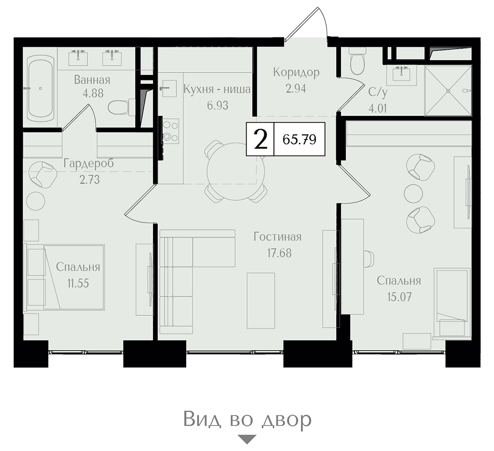 2 комн. квартира, 65.8 м², 6 этаж 