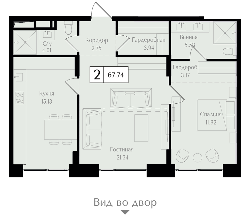 2 комн. квартира, 67.7 м², 4 этаж 