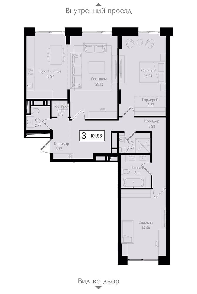 3 комн. квартира, 101.9 м², 3 этаж 